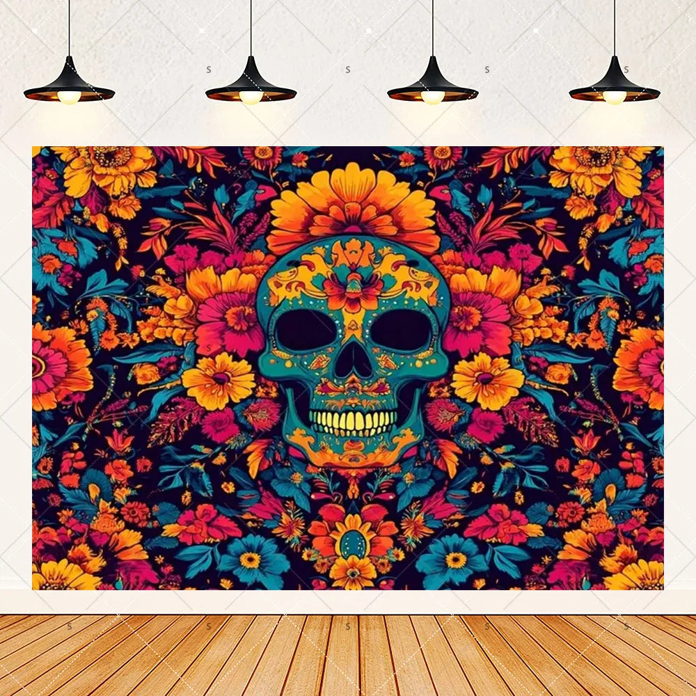 A vibrant Day of the Dead fiesta photo backdrop featuring a colorful floral skull design with deep jewel tones.