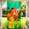 A vibrant backdrop featuring a large orange and yellow cartoon rhino and a small lion cub for a kids birthday party theme.
