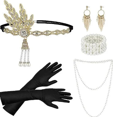 1920s Gatsby Flapper Accessory Set with Headband, Gloves, Pearl Necklace & Cigarette Holder