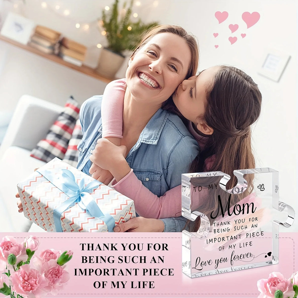 A smiling woman hugs a girl, presenting a puzzle-shaped acrylic desk plaque with a message of love.