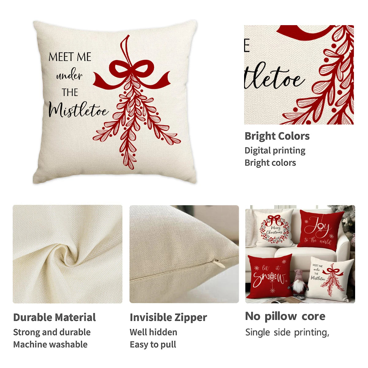 A beige cushion cover featuring a red Christmas design with a bow and wreath pattern.