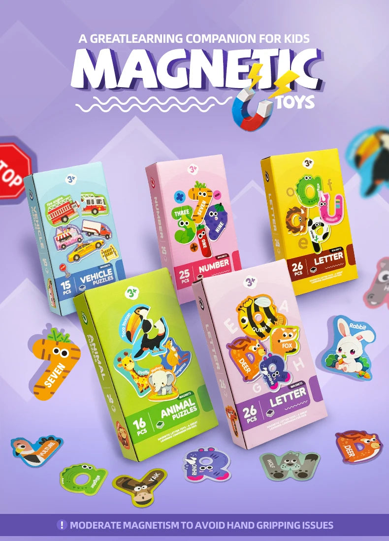 A colorful magnetic learning set for kids featuring alphabet letters, numbers, and animals.