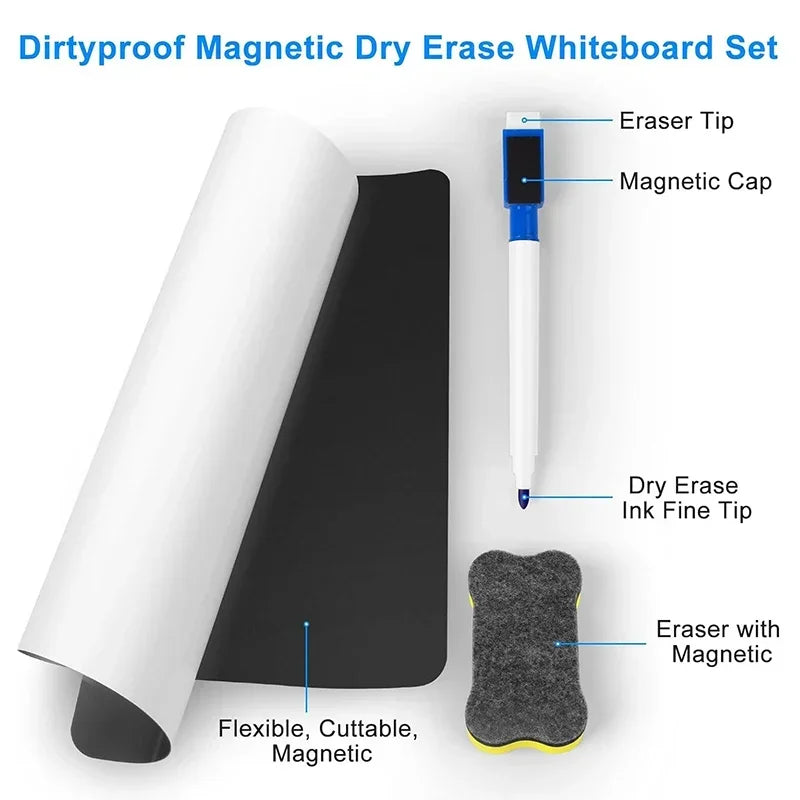 A set of magnetic dry erase whiteboards including an eraser tip, magnetic cap, and a flexible eraser with a magnetic grip.