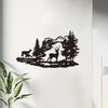 Black silhouette wall art depicting deer and evergreen trees in a forest landscape