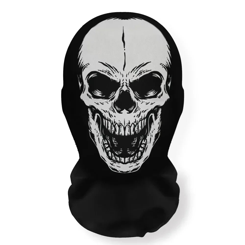 A black mesh hood featuring a white skeleton face design for Halloween.