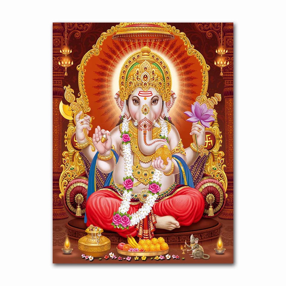 Golden Ganesha canvas art print featuring Lord Ganesha surrounded by Shiva and Parvati in a vibrant traditional style.
