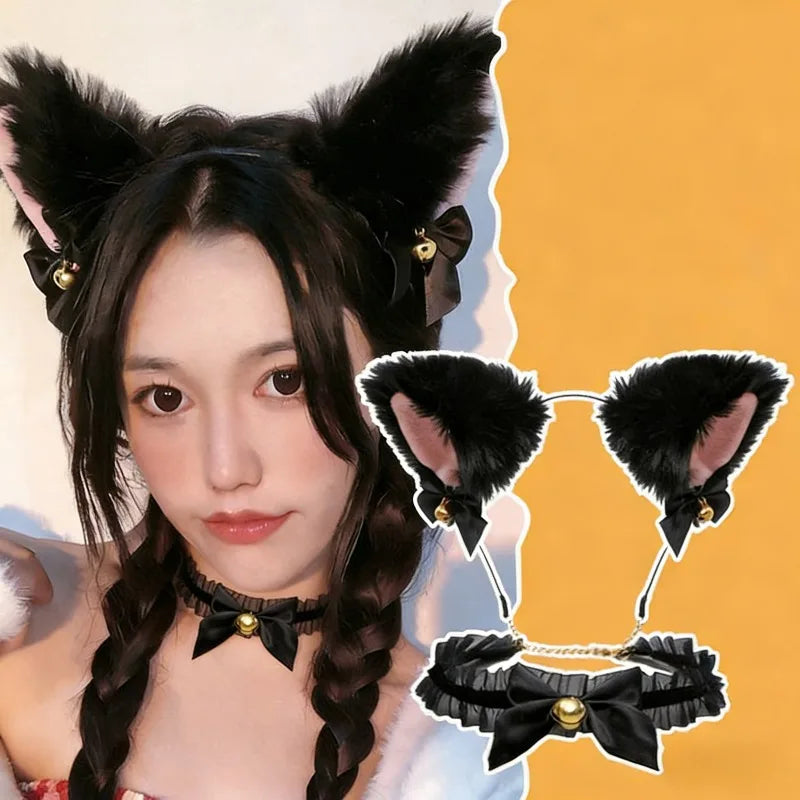 A woman wearing a black cat ear headband and a black bow choker set against an orange background.