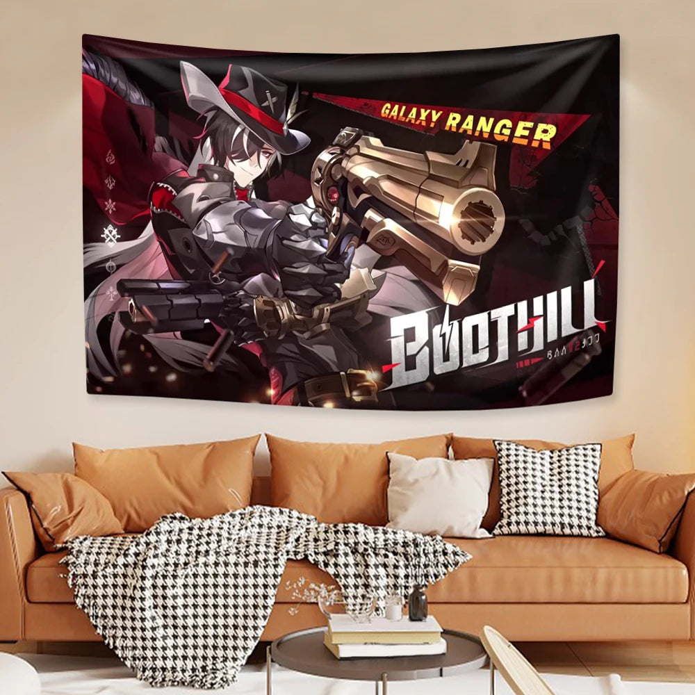 A dark tapestry wall hanging featuring a futuristic warrior character in black and silver armor against a dramatic background