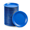A stack of bright blue disposable paper plates.