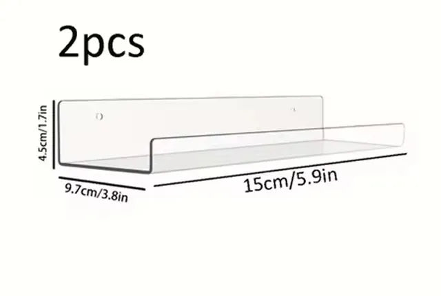 Two clear acrylic floating storage racks shown with dimensions 4.5cm/1.7in high and 15cm/5.9in long.