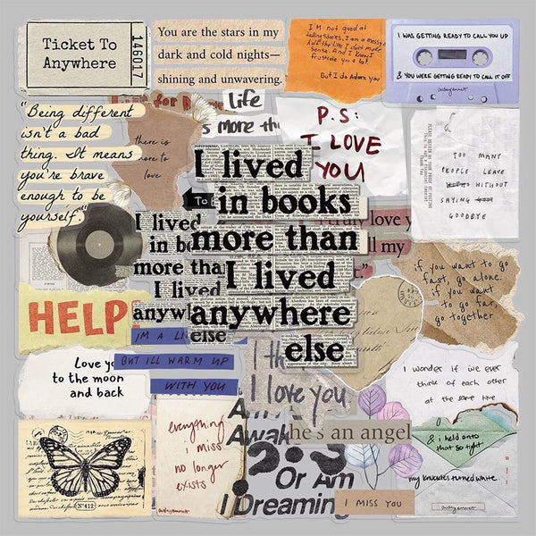 A collage of vintage English phrases and handwritten notes on various paper scraps.