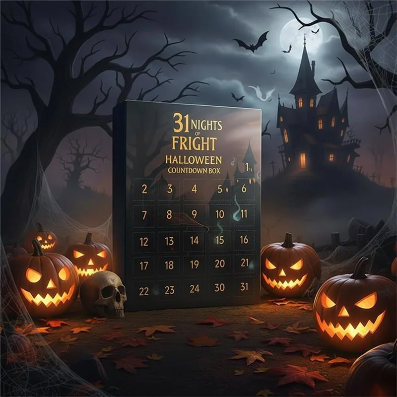 A dark, spooky Halloween scene featuring a countdown box, jack-o'-lanterns, and a haunted castle silhouette.