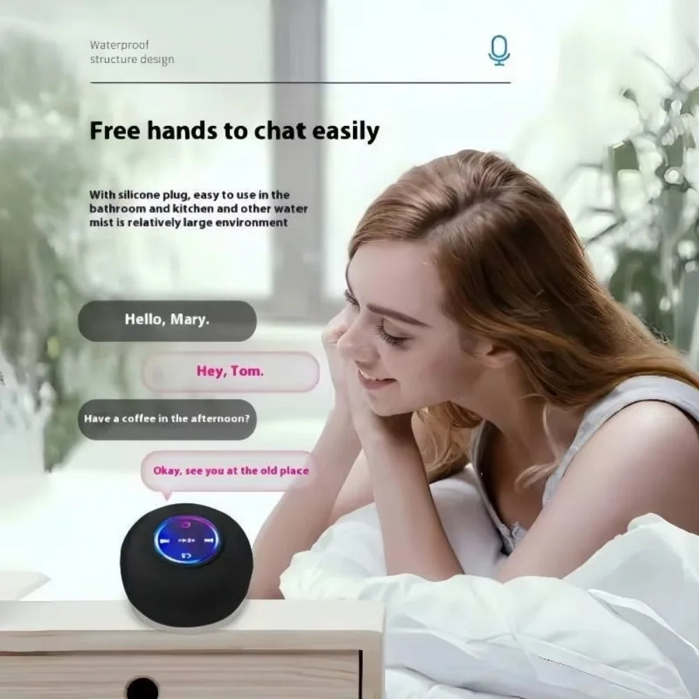 A woman is talking to a waterproof Bluetooth speaker with a silicone plug in a bathroom setting.