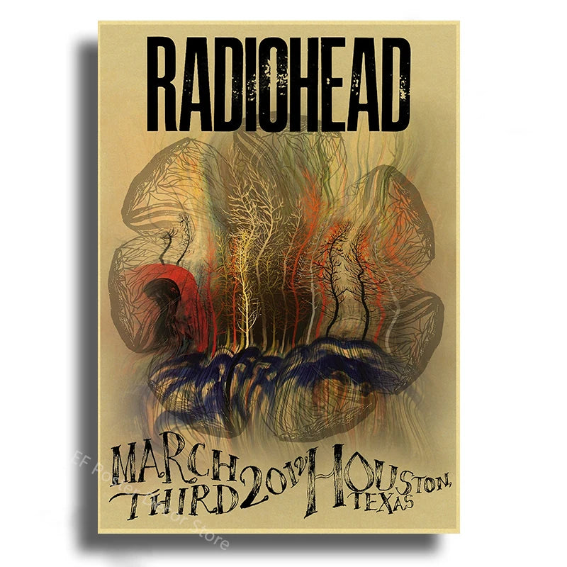 Poster for Radiohead's March 20 Houston, Texas album featuring abstract, organic, and fiery textures.