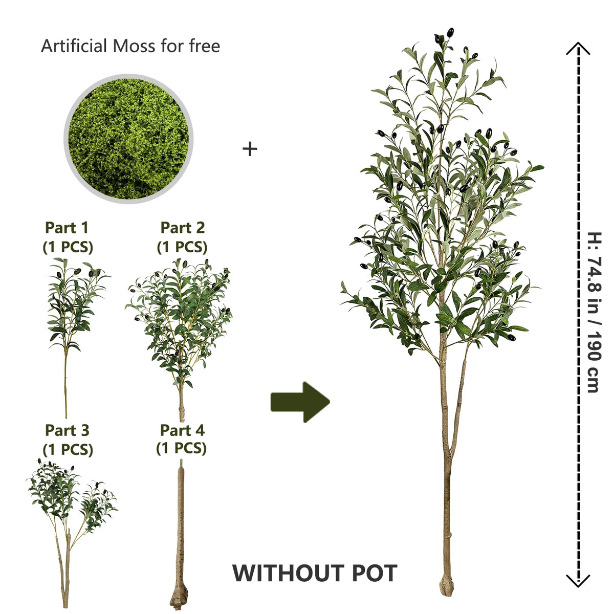 Artificial moss is combined with parts to create a large olive tree branch for indoor decor without a pot.