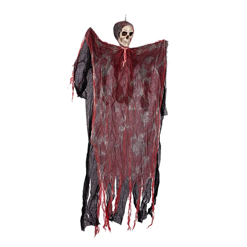 A spooky Halloween decor set featuring a skeleton head and a dark, tattered ghost-like fabric hanging.