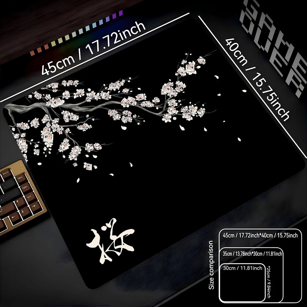 A black gaming mouse pad featuring a delicate white cherry blossom design and various size options.