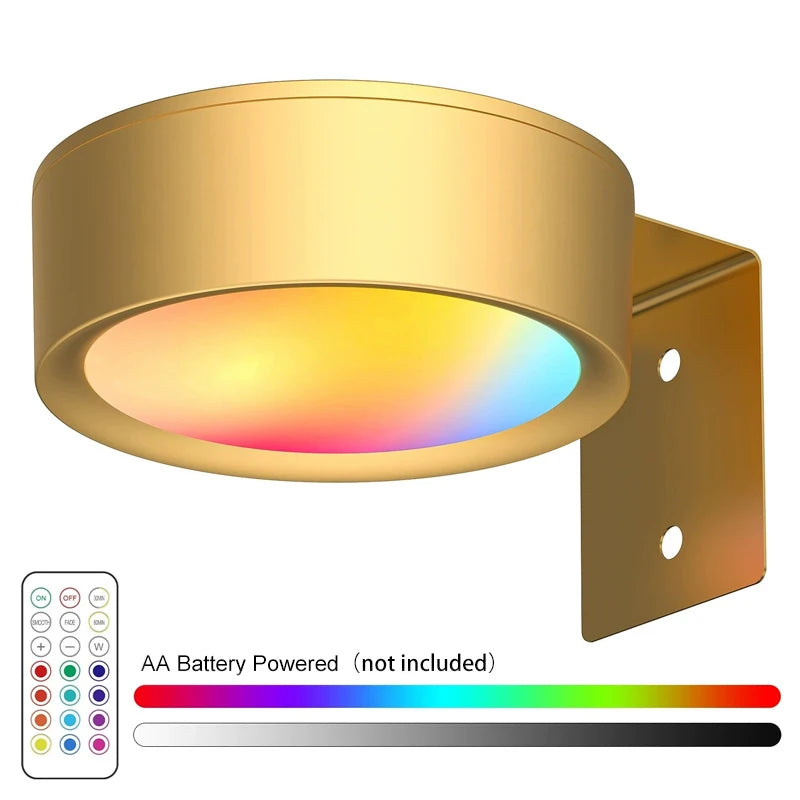 A round LED picture light with a colored lens and magnetic mount, showing a spectrum of light colors.