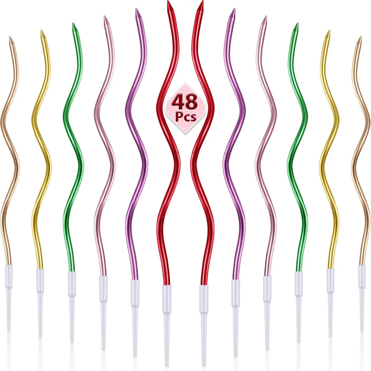 A collection of 48 spiral birthday cake candles with star toppers in various colors.