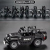 A black SWAT military off-road jeep building blocks set with various police figures.