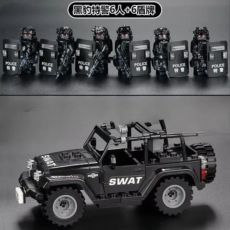 A black SWAT military off-road jeep building blocks set with various police figures.