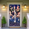 Anime demon hunters party backdrop featuring three female characters in dark and light outfits