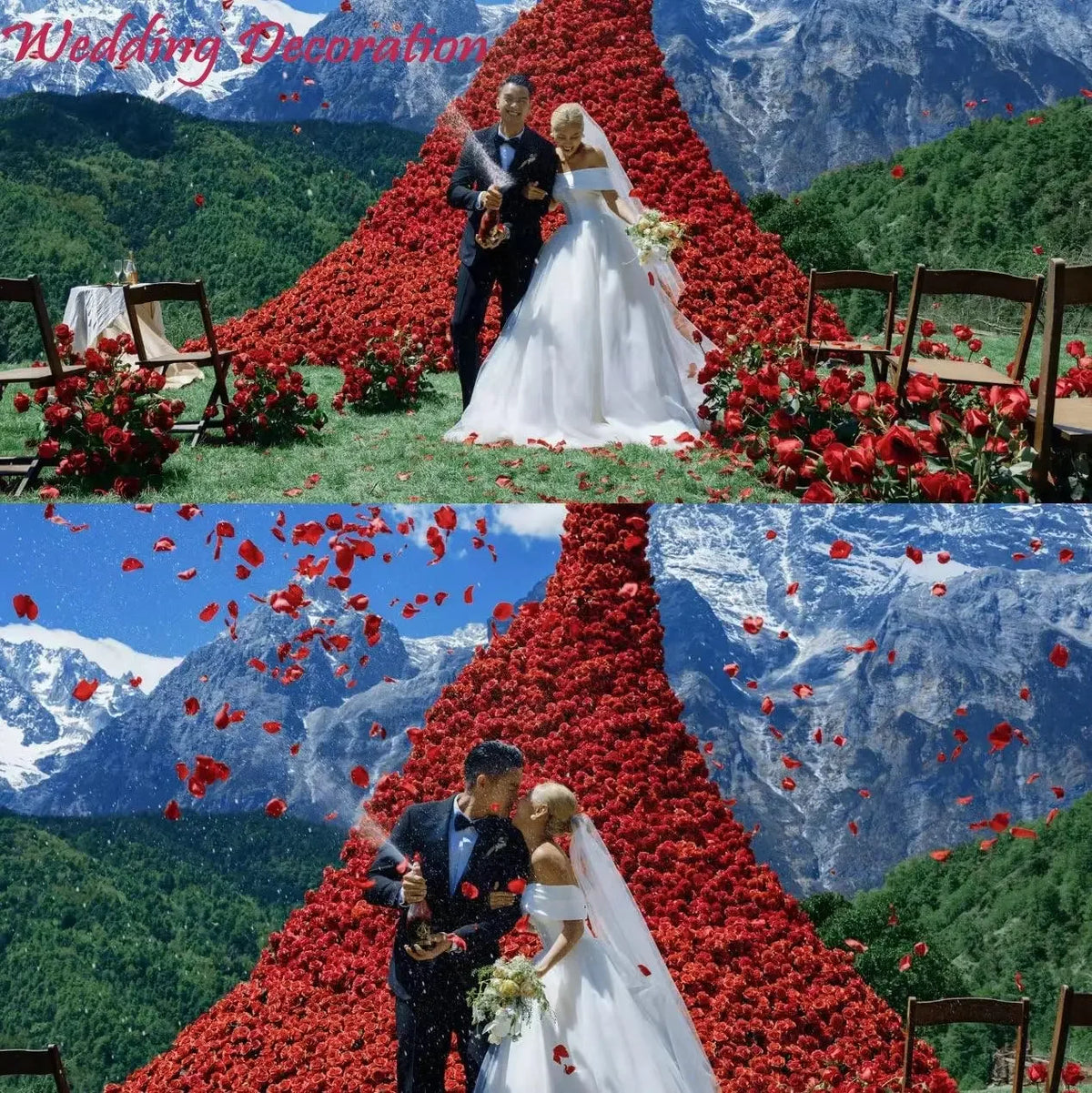 A couple stands in a dramatic red rose petal mountain backdrop for an outdoor wedding ceremony.