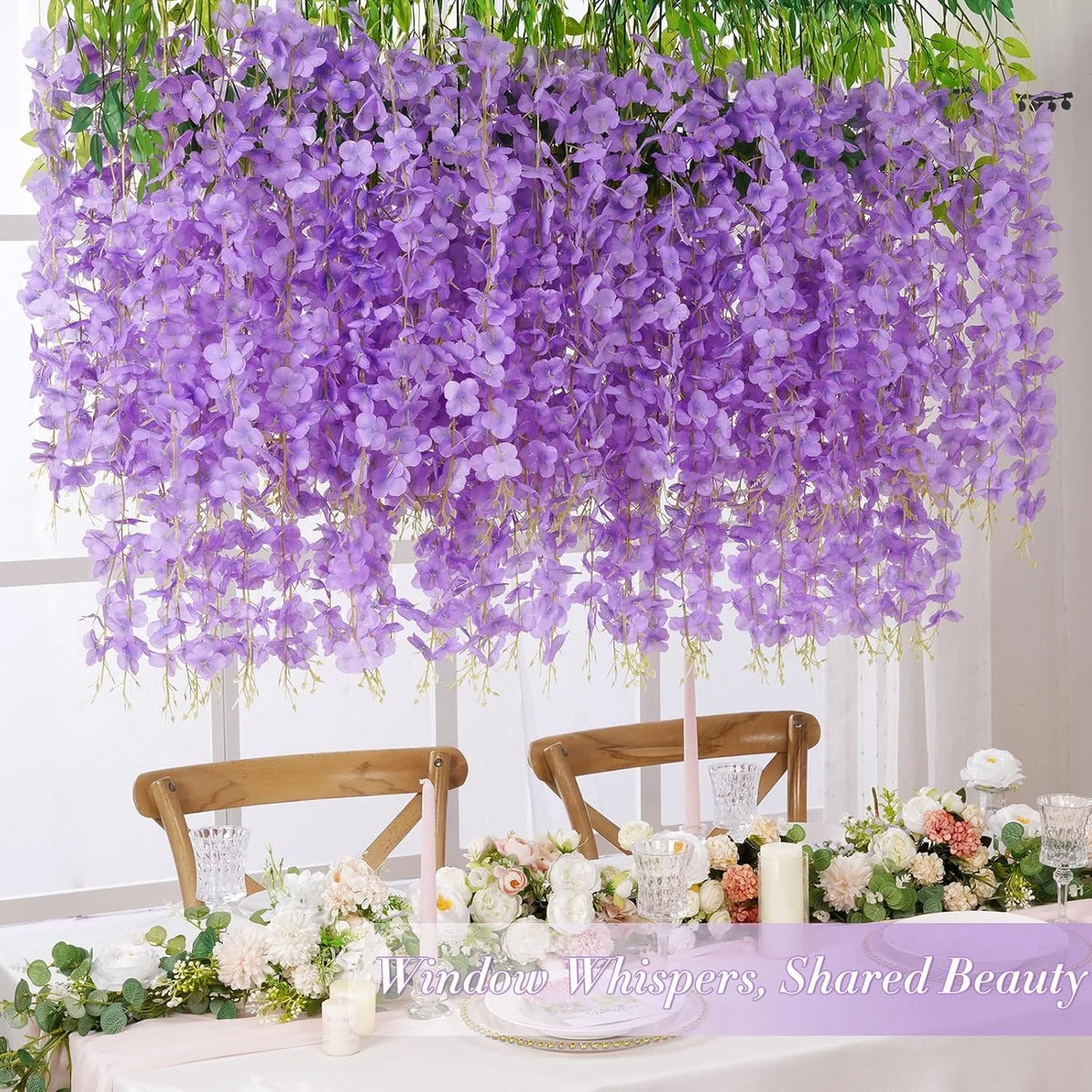 Artificial wisteria flower garland in purple hanging from a window