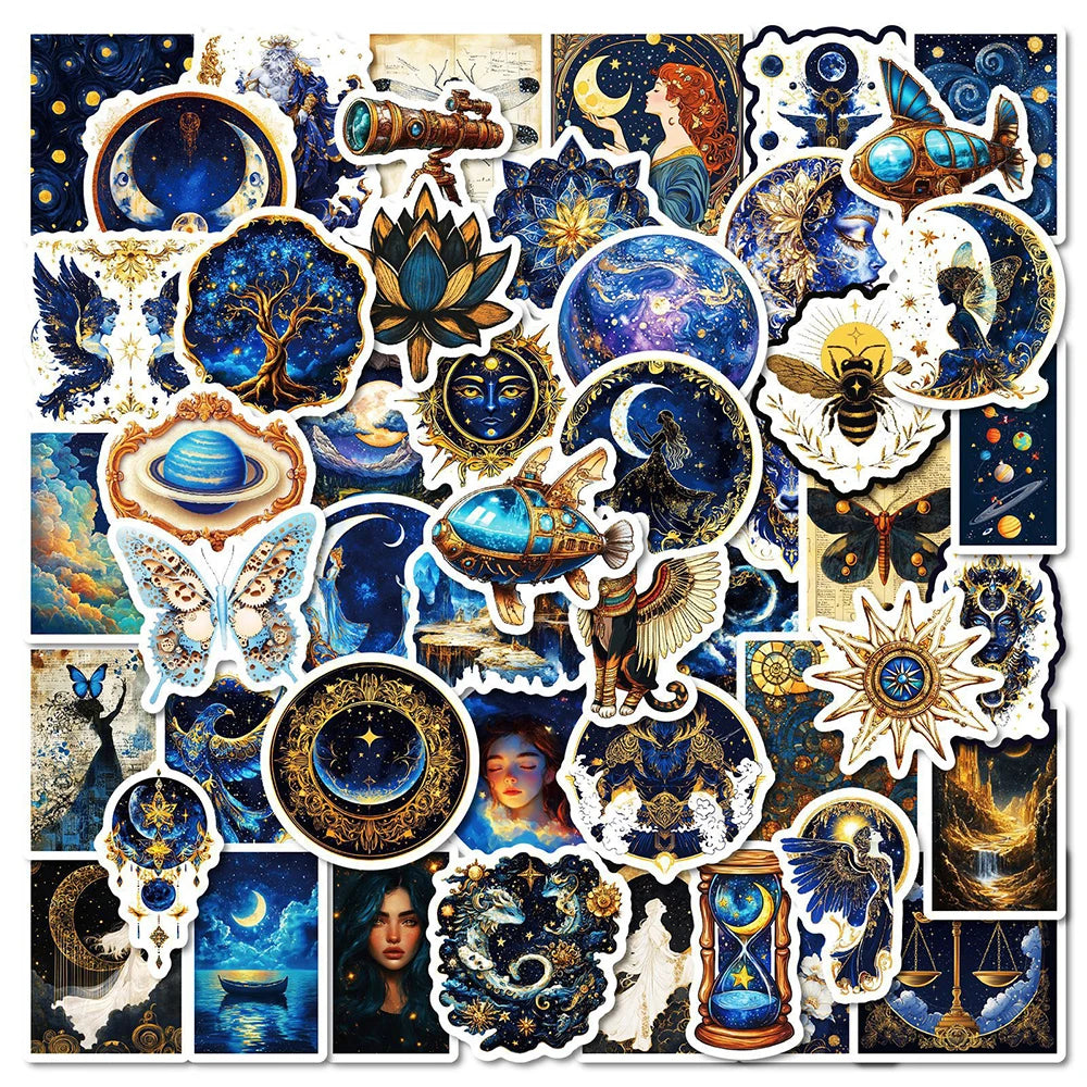 A collage of retro space and planet stickers featuring celestial bodies, mythical figures, and cosmic scenes.
