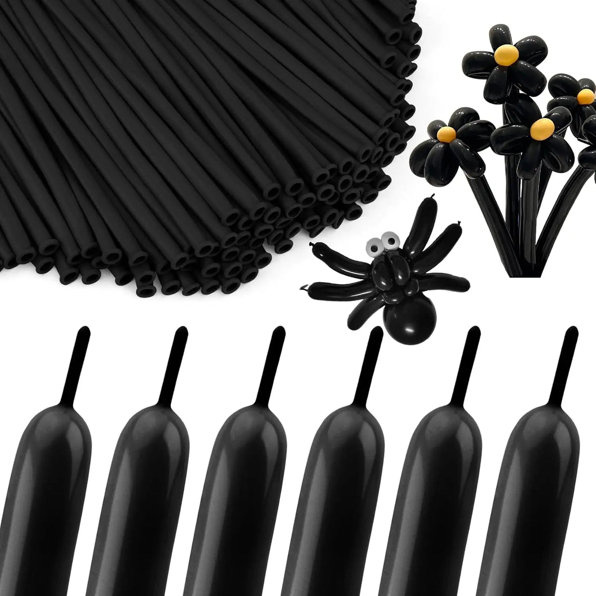 A collection of matte black latex balloons, including a large bundle and individual balloons, for party decorations.