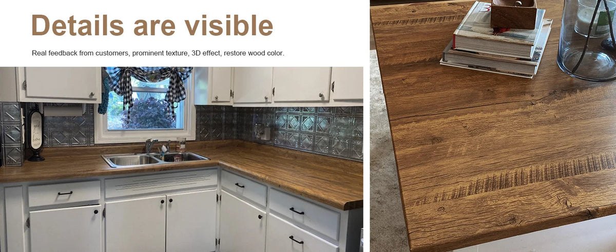Close-up of a wooden countertop with visible wood grain texture and light brown color.