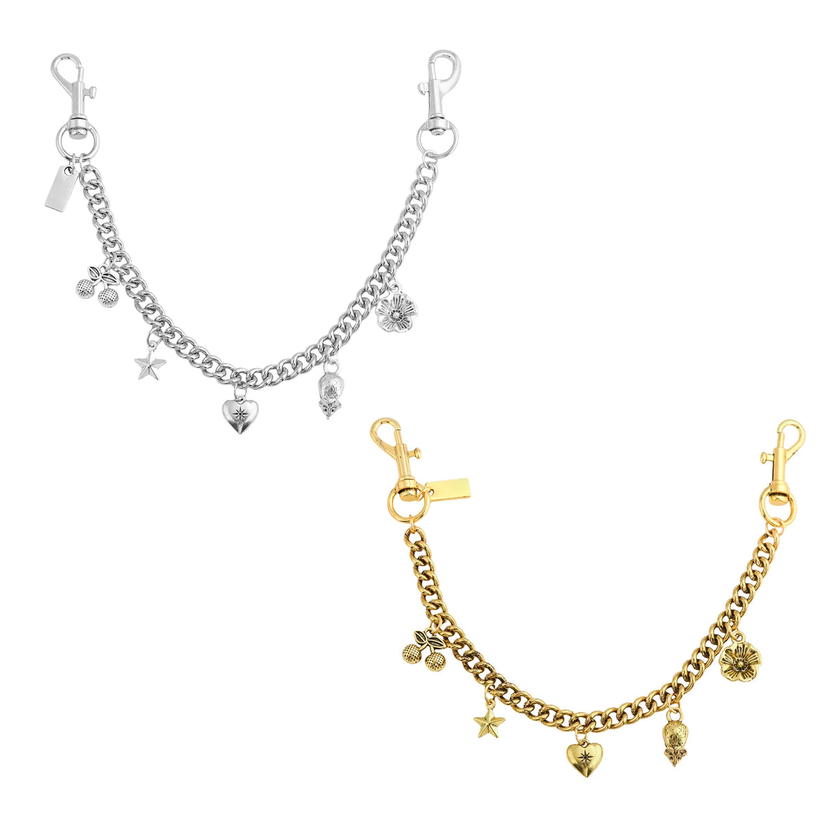 Gold chain necklace with multiple charms and a clasp for a vintage Y2K bag accessory