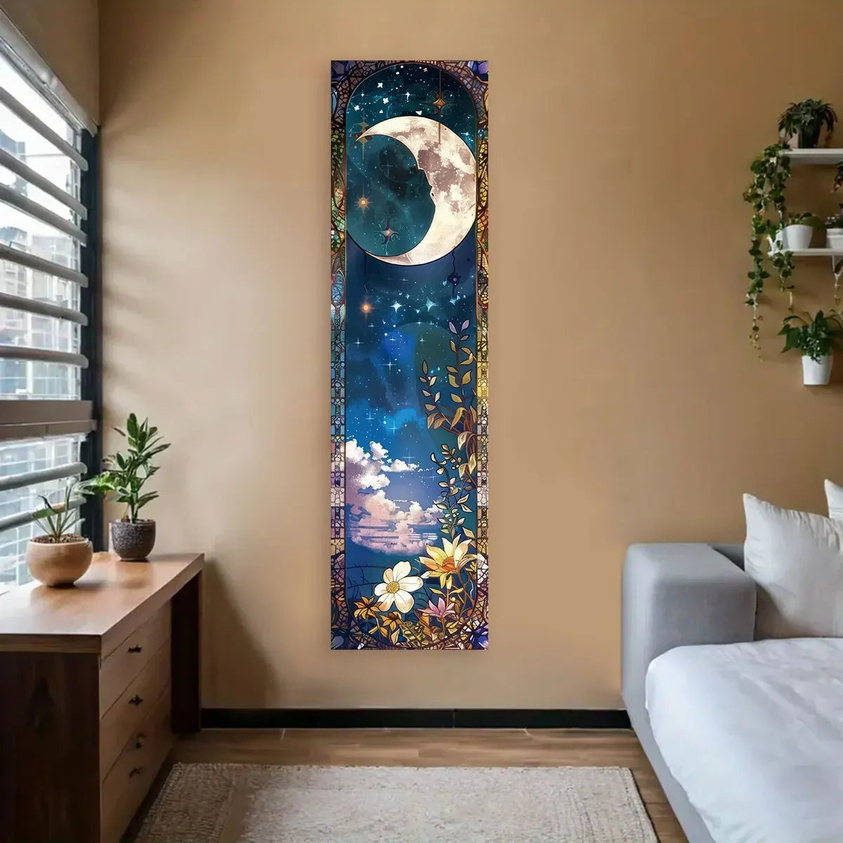 A vertical tapestry wall hanging featuring a crescent moon and floral elements against a deep blue night sky background.