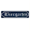 A vintage dark blue metal sign with the word Biergarten in white lettering.