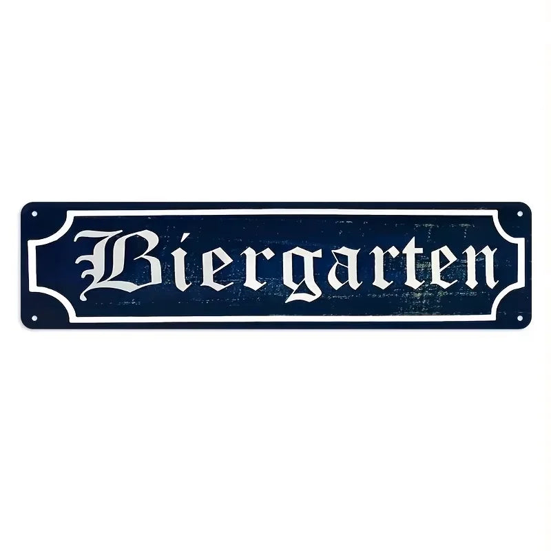 A vintage dark blue metal sign with the word Biergarten in white lettering.