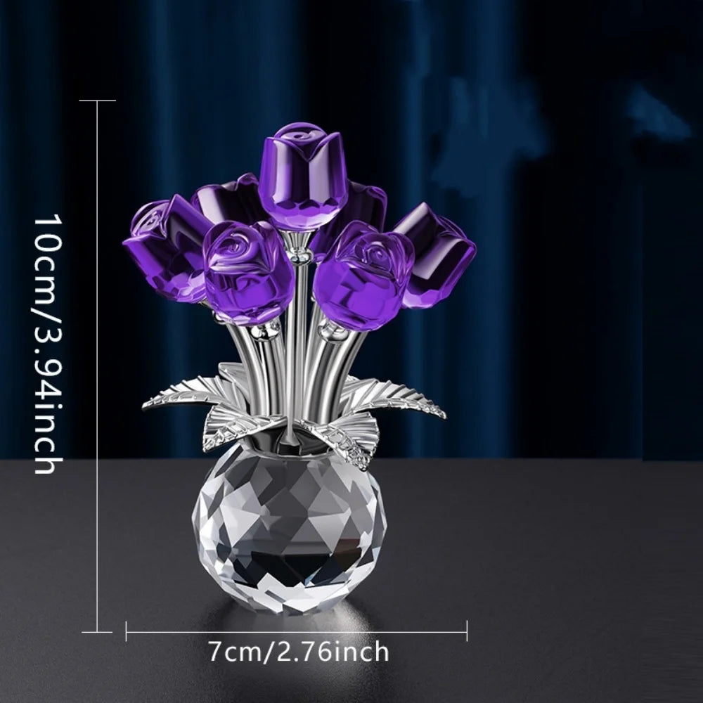 A bouquet of purple crystal roses displayed in a clear glass vase on a dark surface.