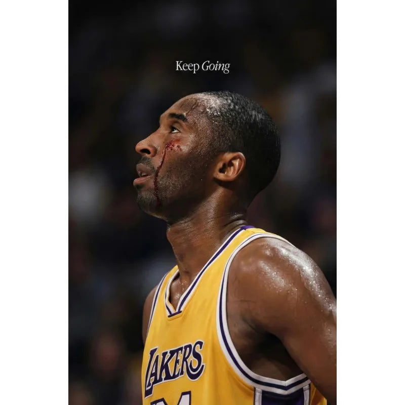 A close-up photo of a basketball player with blood on his face, wearing a yellow Lakers jersey, looking to the side.