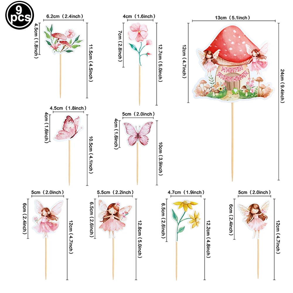 A set of nine fairy cupcake toppers featuring various floral and butterfly designs on wooden sticks.