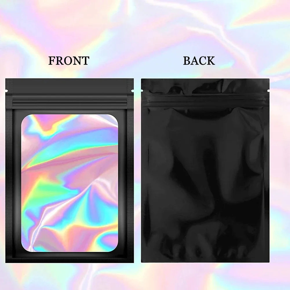 Front and back views of a clear holographic ziplock bag for jewelry and small item storage