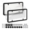 A universal license plate frame with mounting screws for cars and trucks, shown alongside various hardware components.