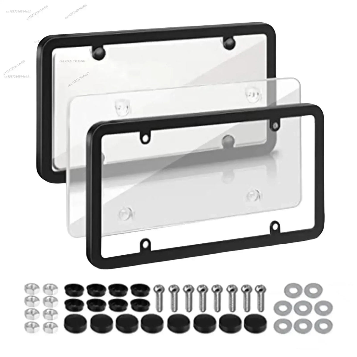 A universal license plate frame with mounting screws for cars and trucks, shown alongside various hardware components.