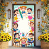 A colorful banner featuring cartoon children studying and celebrating, suitable for classroom or party decor.