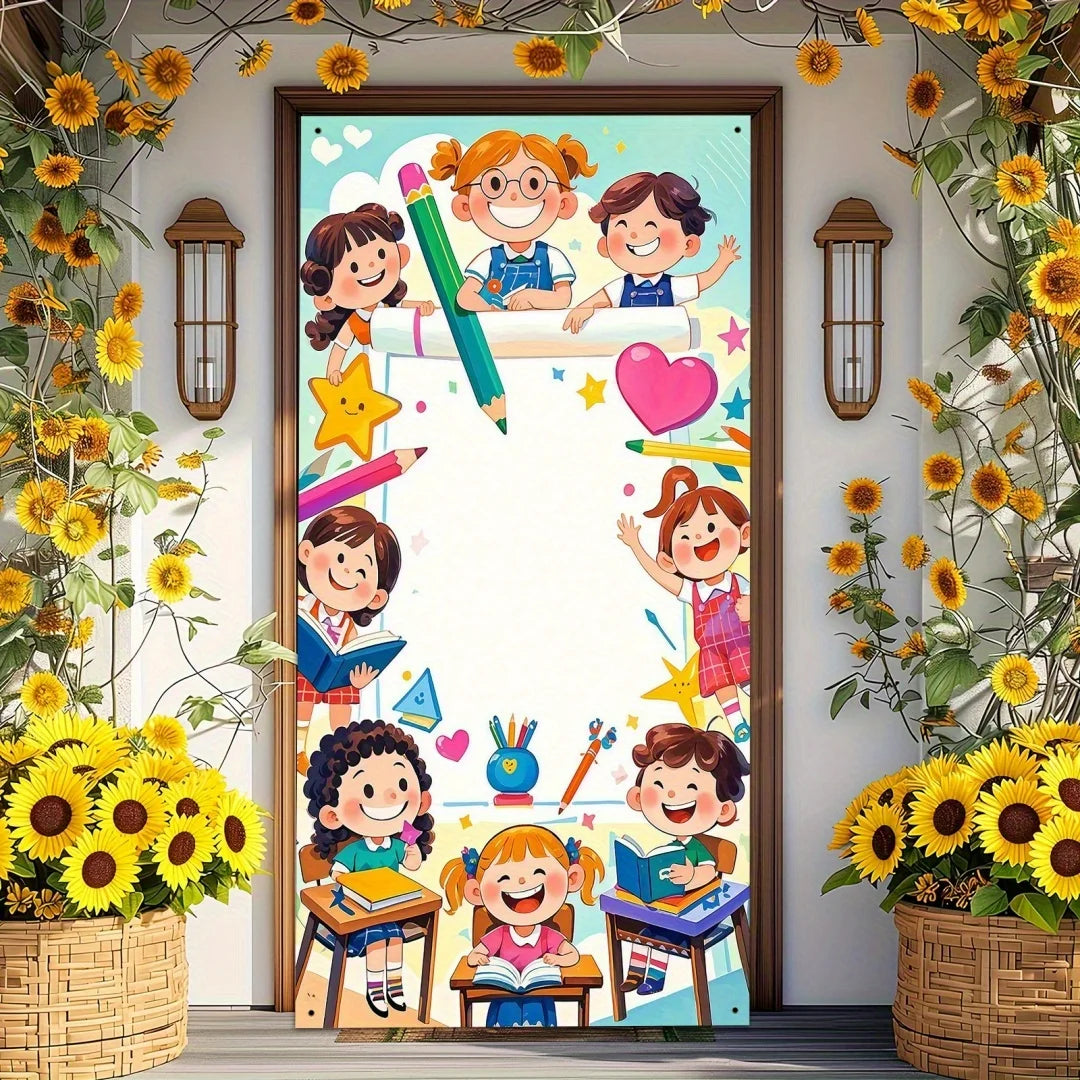 A colorful banner featuring cartoon children studying and celebrating, suitable for classroom or party decor.
