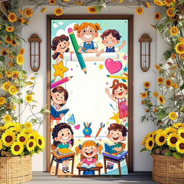 A colorful banner featuring cartoon children studying and celebrating, suitable for classroom or party decor.