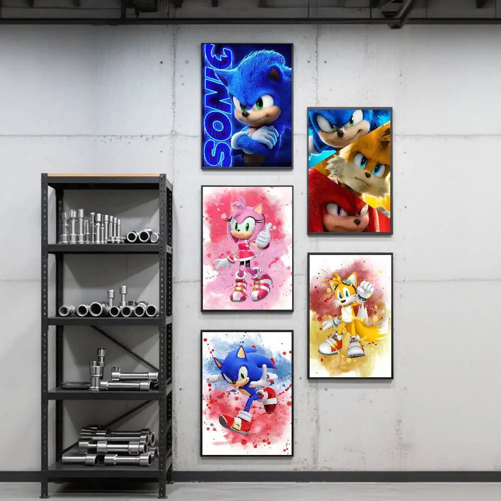A collection of posters featuring Sonic the Hedgehog in various anime styles and movie scenes.