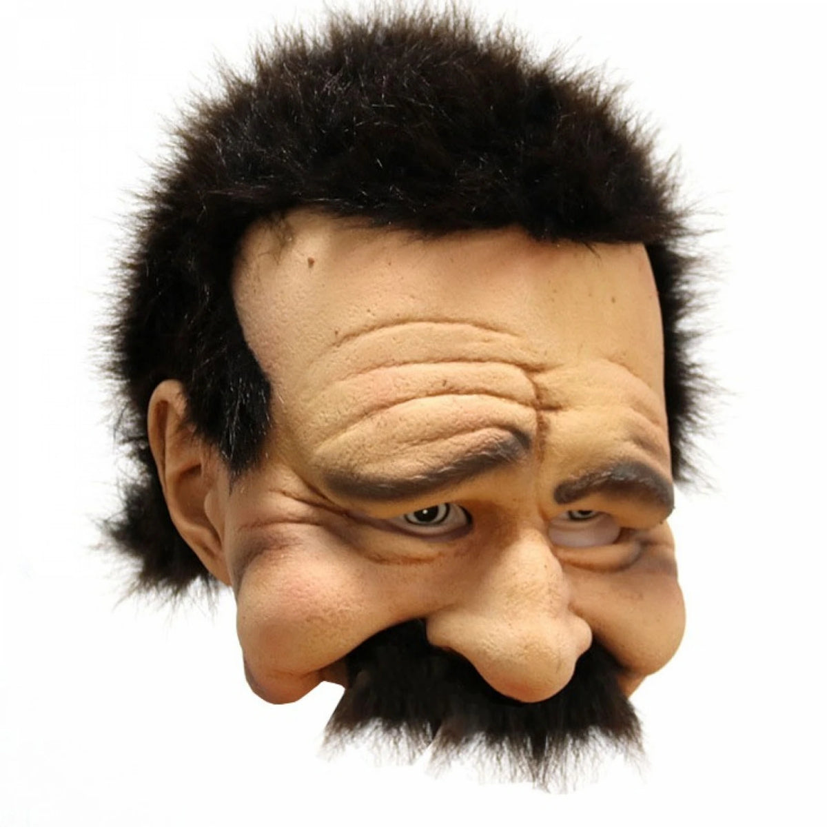 A realistic horror mask of an old man with dark hair and a beard, showing wrinkled skin and a distressed expression.