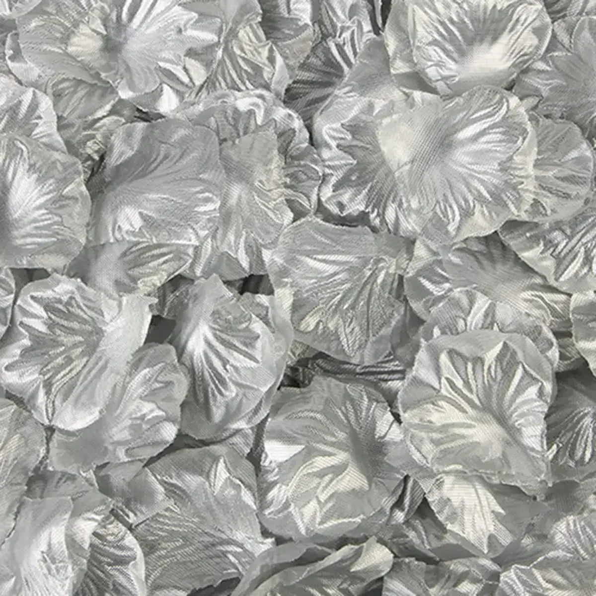 A close-up view of silver silk rose petals for weddings and events.
