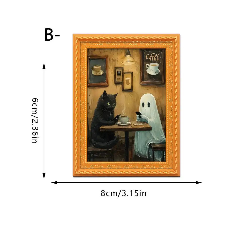 A framed illustration of a black cat and a ghost sitting at a table with coffee cups.