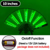 A green multi-mode LED party fan with a 10 inch diameter, showing the light pattern and an on/off function label.