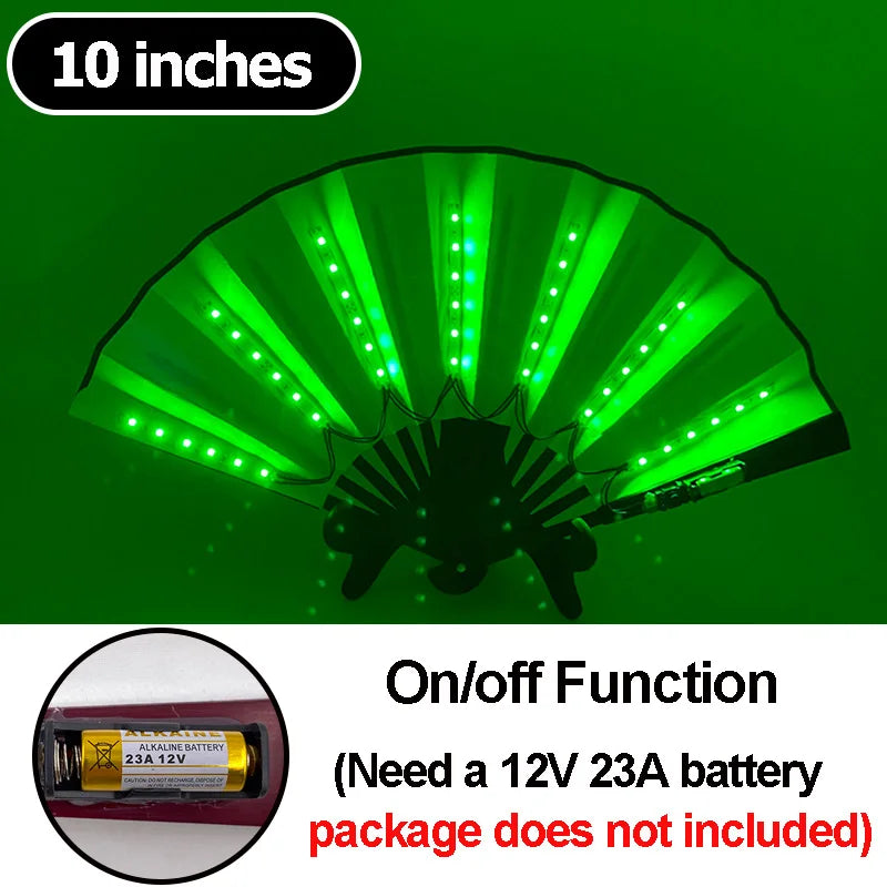 A green multi-mode LED party fan with a 10 inch diameter, showing the light pattern and an on/off function label.